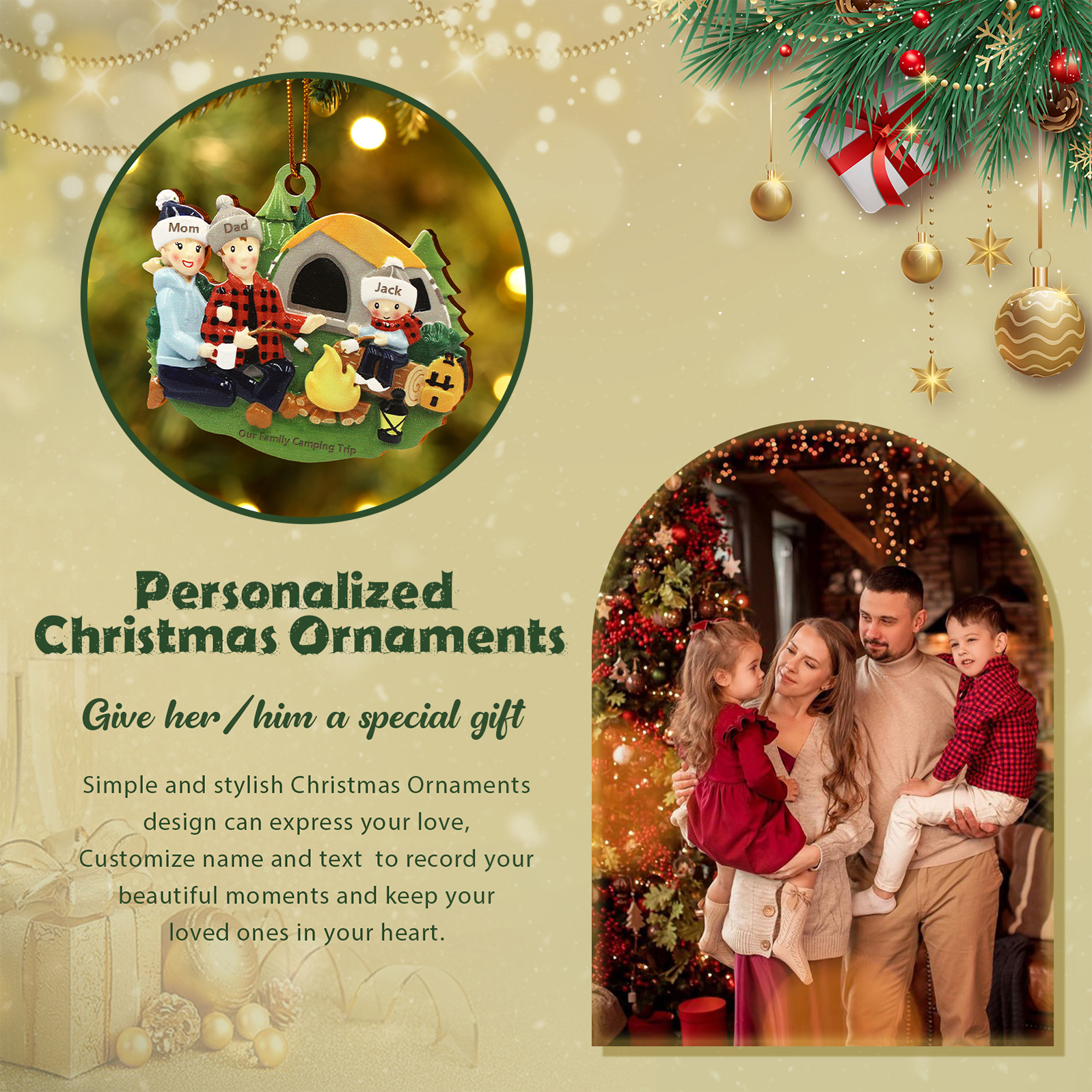 Personalised Wooden Camping Family Christmas Ornament with 3 Names Parents with 1 Kid-Jessemade AU