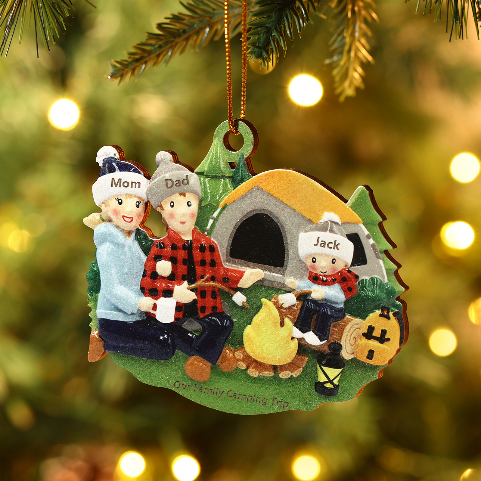 Personalised Wooden Camping Family Christmas Ornament with 3 Names Parents with 1 Kid-Jessemade AU