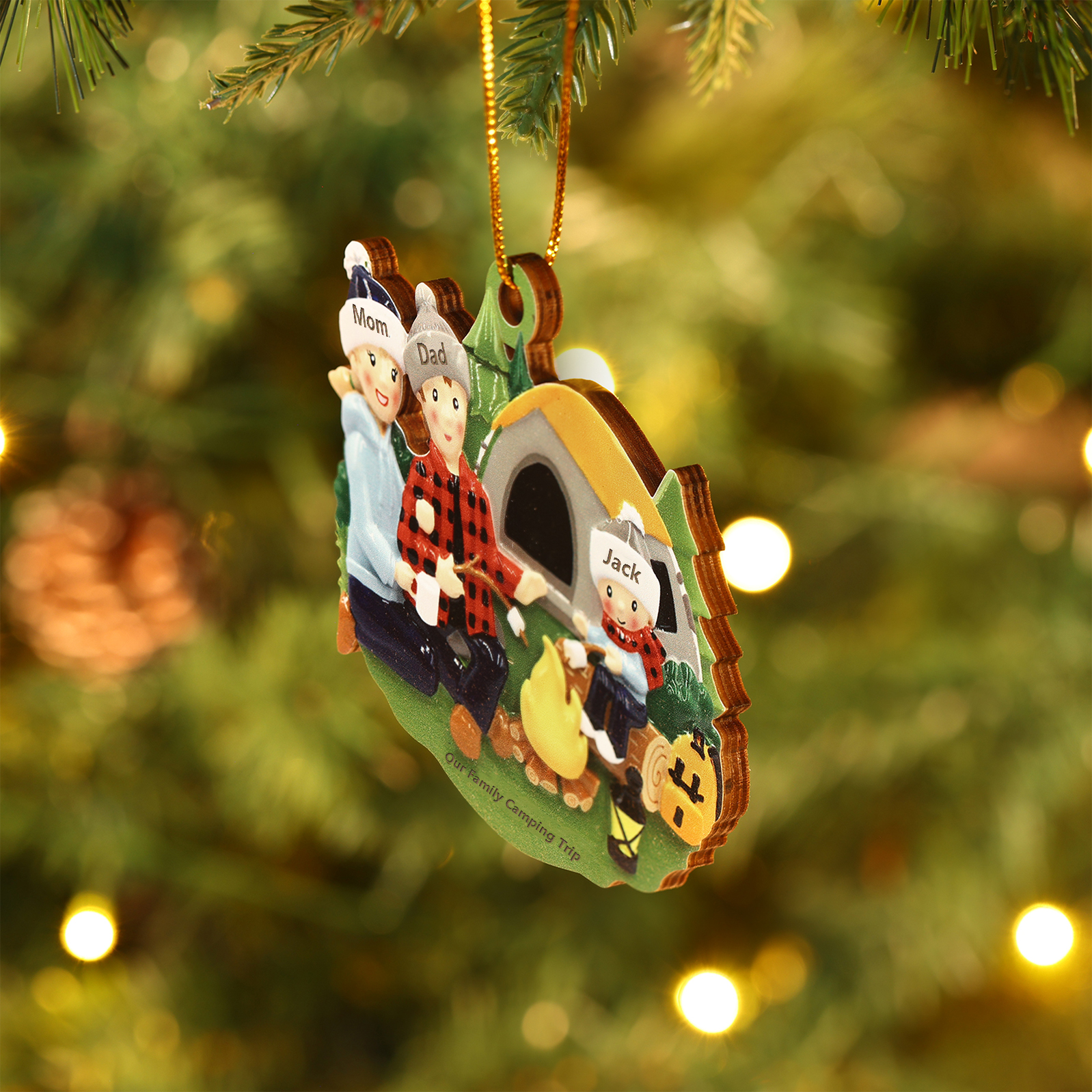 Personalised Wooden Camping Family Christmas Ornament with 3 Names Parents with 1 Kid-Jessemade AU