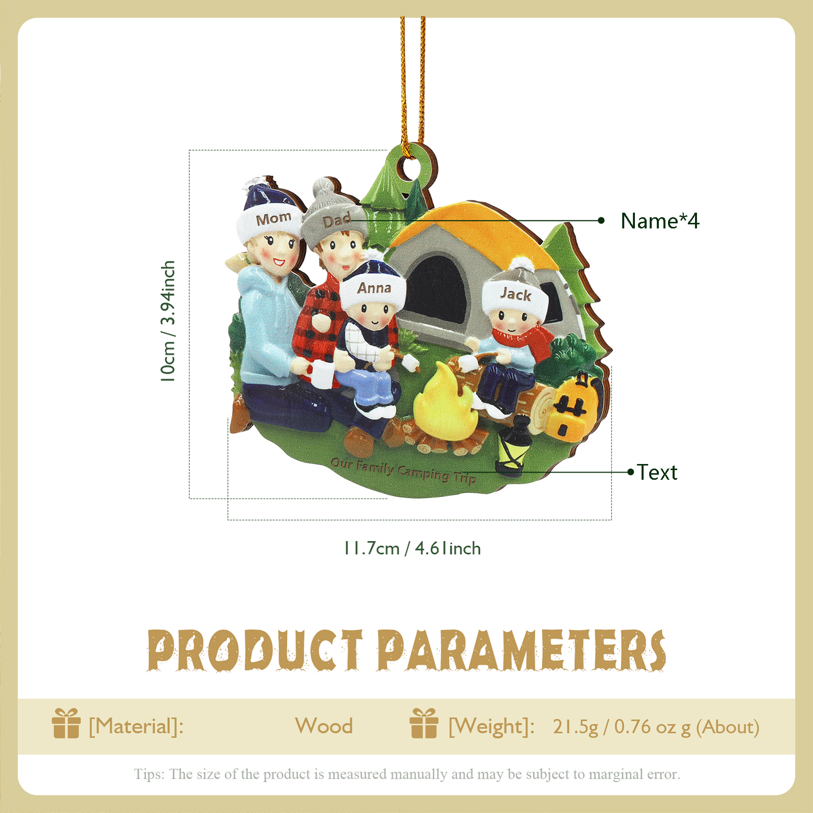 Personalised Wooden Camping Family Christmas Ornament with 4 Names Parents with 2 Kids-Jessemade AU