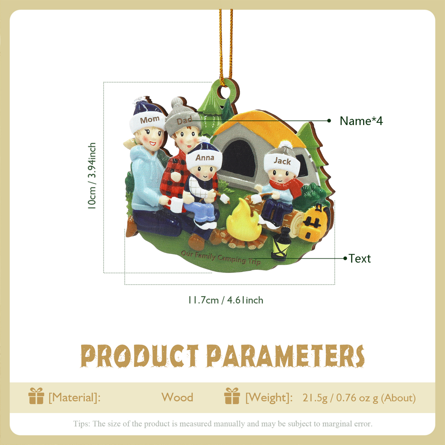 Personalised Wooden Camping Family Christmas Ornament with 4 Names Parents with 2 Kids-Jessemade AU