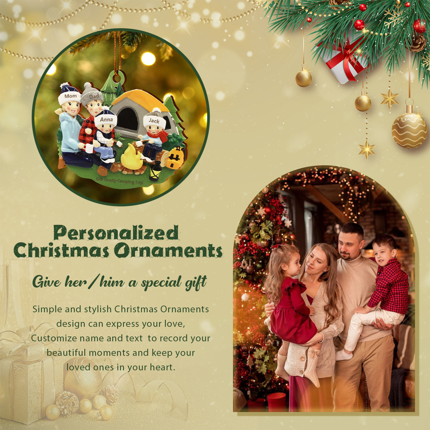 Personalised Wooden Camping Family Christmas Ornament with 4 Names Parents with 2 Kids-Jessemade AU