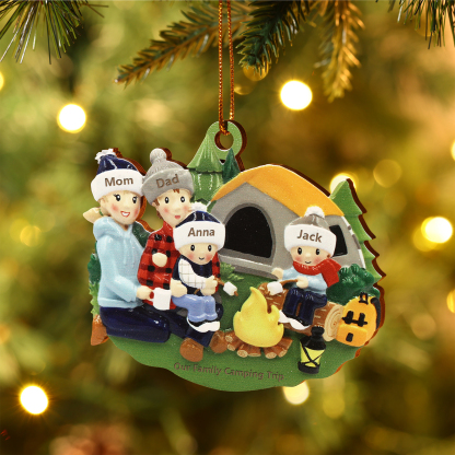 Personalised Wooden Camping Family Christmas Ornament with 4 Names Parents with 2 Kids-Jessemade AU