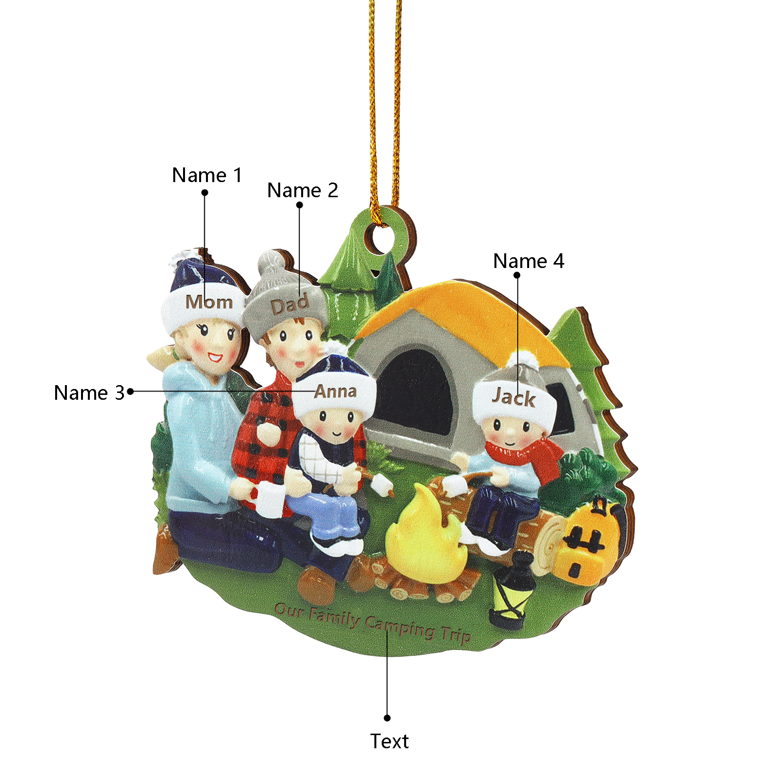 Personalised Wooden Camping Family Christmas Ornament with 4 Names Parents with 2 Kids-Jessemade AU