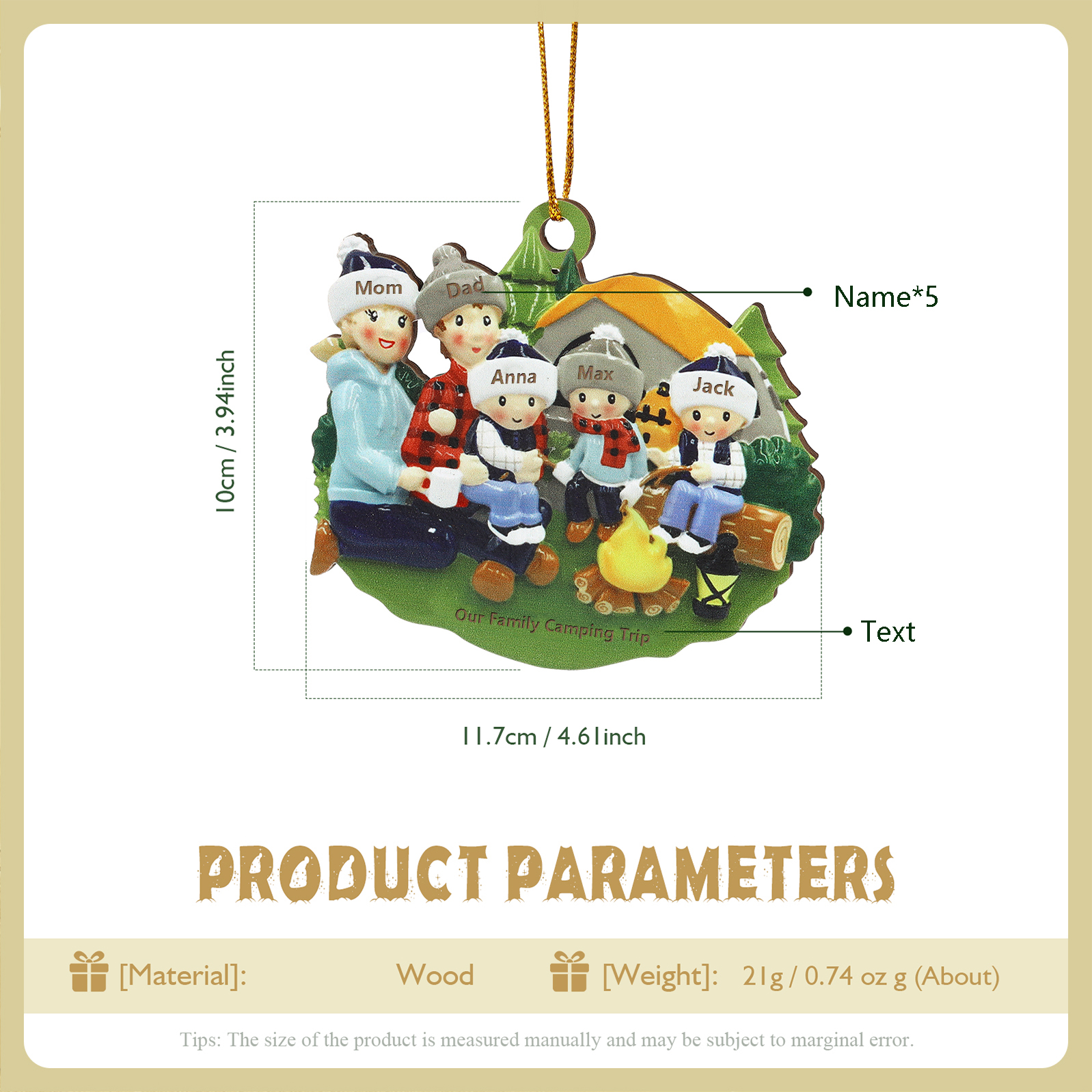 Personalised Wooden Camping Family Christmas Ornament with 5 Names Parents with 3 Kids-Jessemade AU