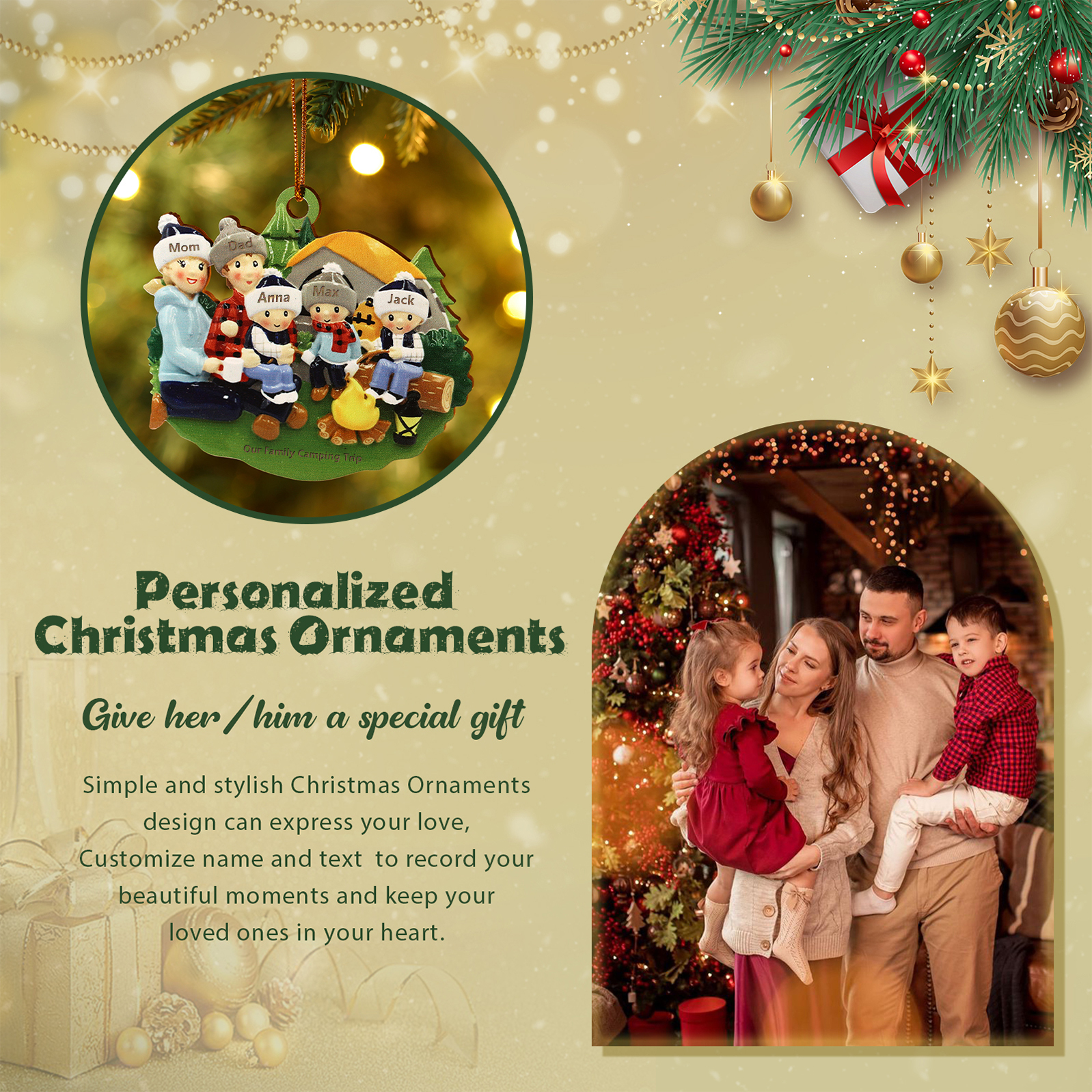 Personalised Wooden Camping Family Christmas Ornament with 5 Names Parents with 3 Kids-Jessemade AU