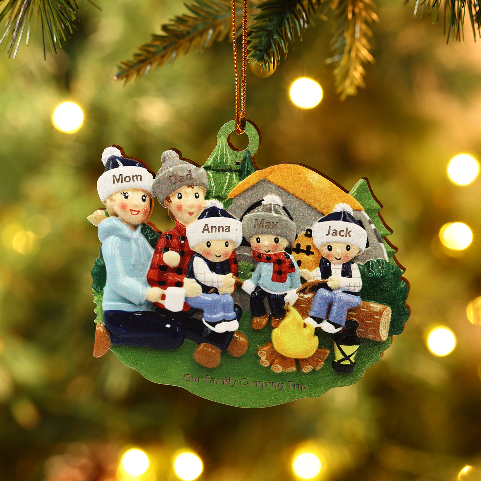 Personalised Wooden Camping Family Christmas Ornament with 5 Names Parents with 3 Kids-Jessemade AU