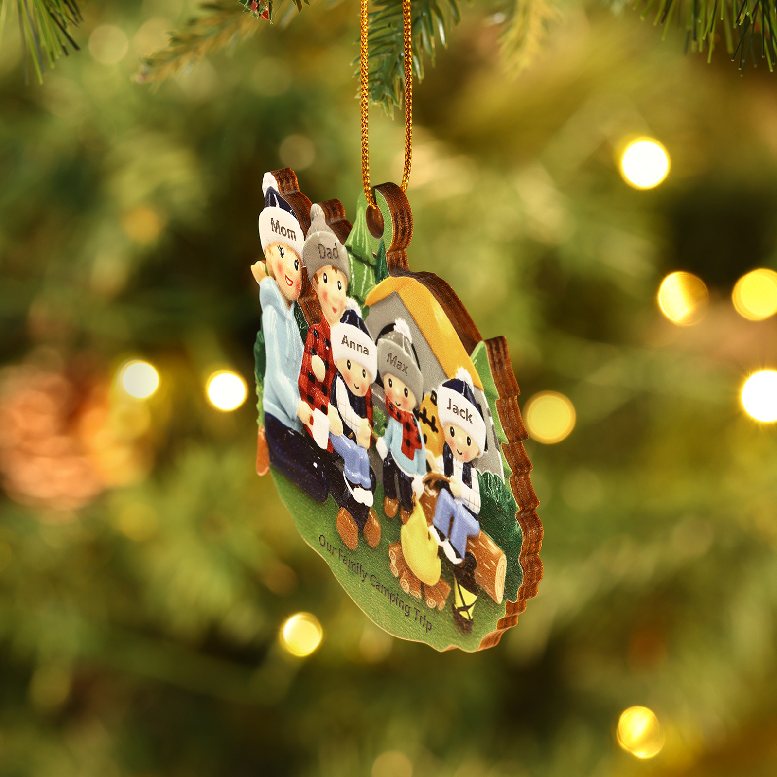 Personalised Wooden Camping Family Christmas Ornament with 5 Names Parents with 3 Kids-Jessemade AU
