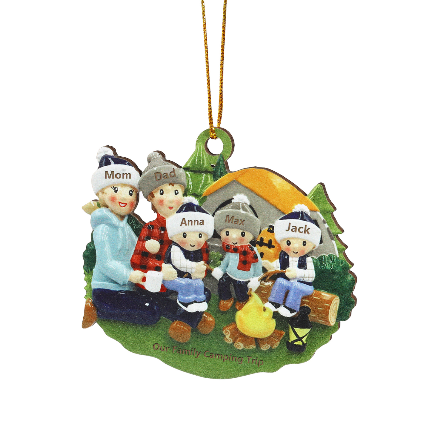 Personalised Wooden Camping Family Christmas Ornament with 5 Names Parents with 3 Kids-Jessemade AU