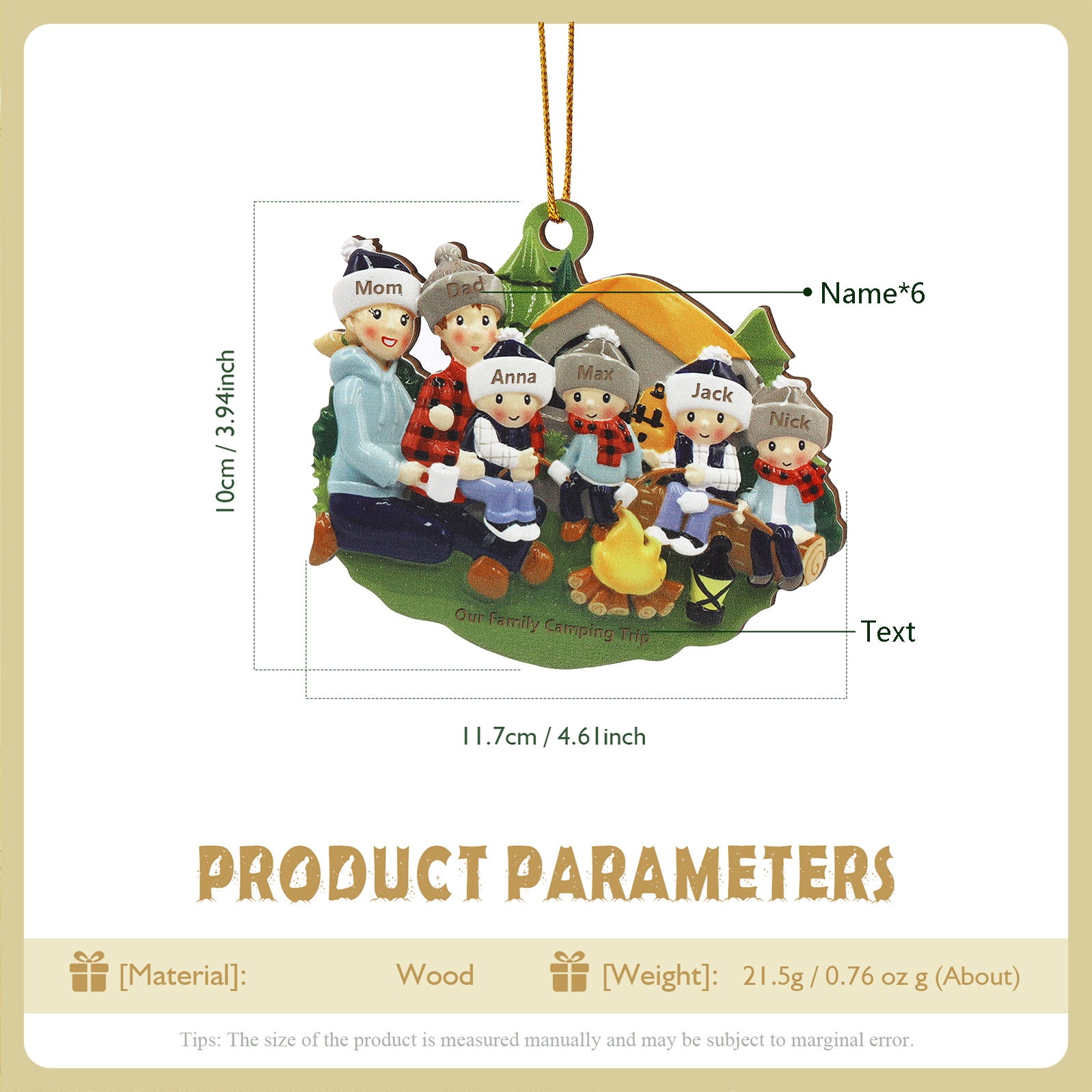 Personalised Wooden Camping Family Christmas Ornament with 6 Names Parents with 4 Kids-Jessemade AU