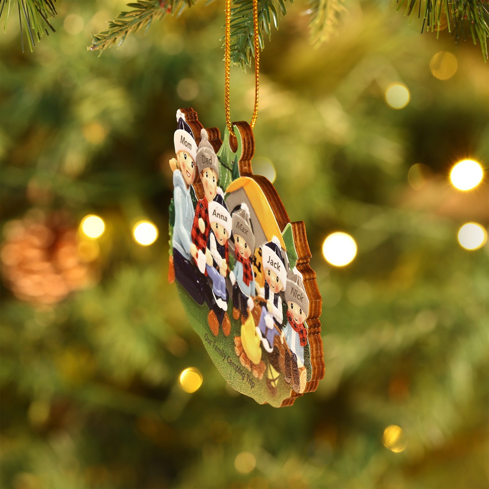 Personalised Wooden Camping Family Christmas Ornament with 6 Names Parents with 4 Kids-Jessemade AU