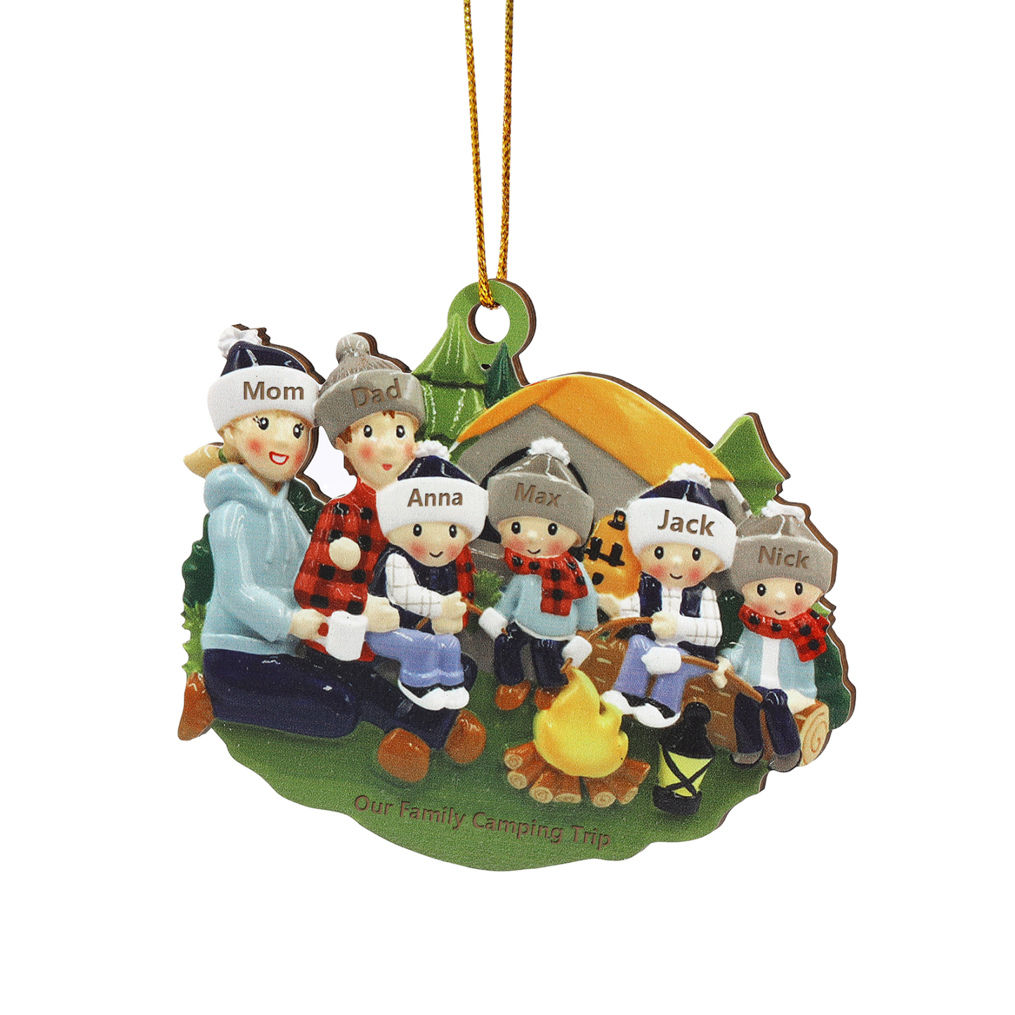 Personalised Wooden Camping Family Christmas Ornament with 6 Names Parents with 4 Kids-Jessemade AU