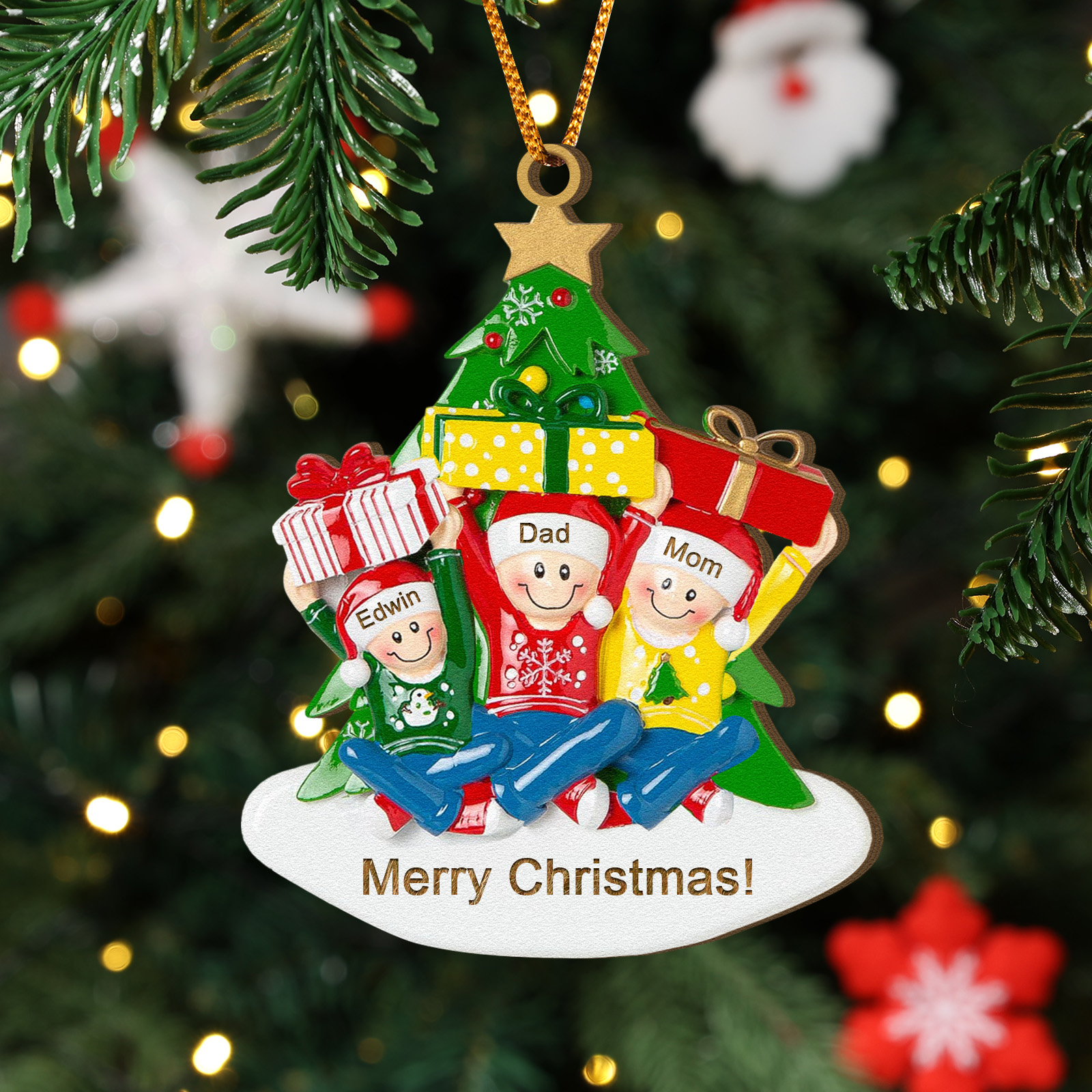 Personalised Wood Ornament Christmas Tree with Presents Ornament Custom 3 Family Name Gift-Jessemade AU