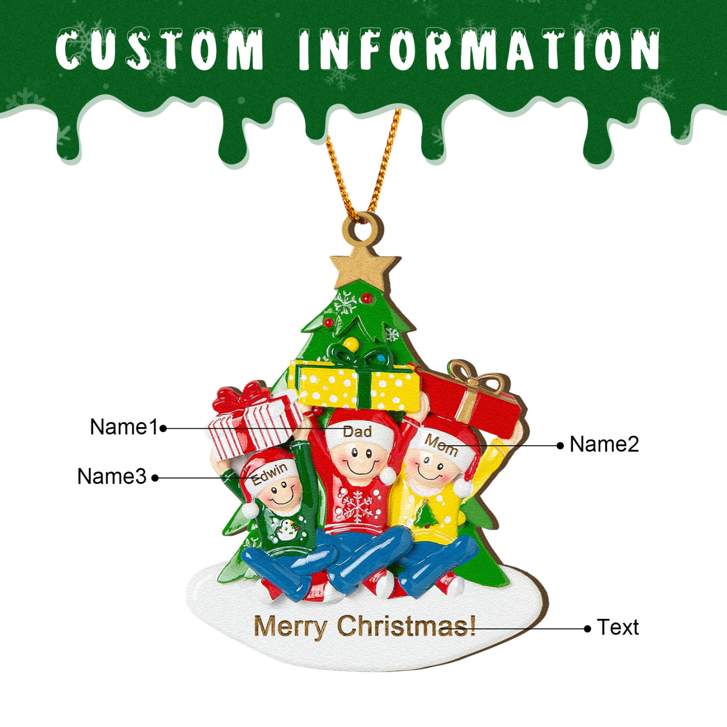 Personalised Wood Ornament Christmas Tree with Presents Ornament Custom 3 Family Name Gift-Jessemade AU