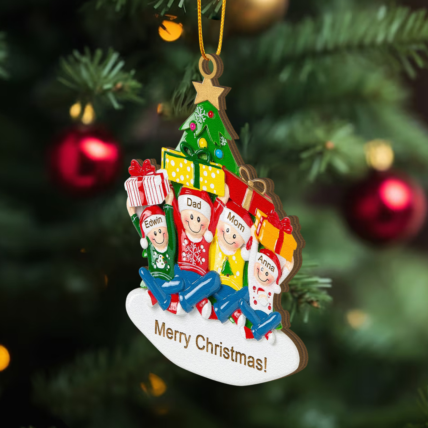 Personalised Wood Ornament Christmas Tree with Presents Ornament Custom 4 Family Name Gift-Jessemade AU