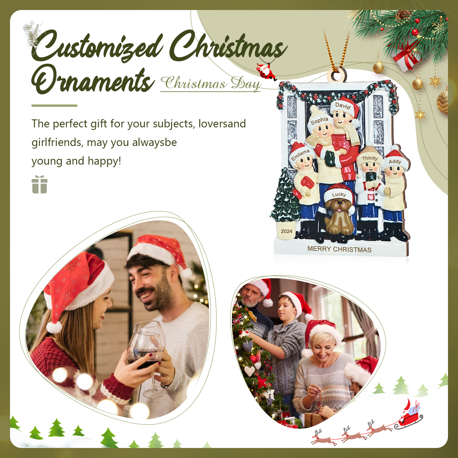 Personalized Family Ornament with Pet Dog Custom with 6 Names Christmas Gift 2024-Jessemade AU