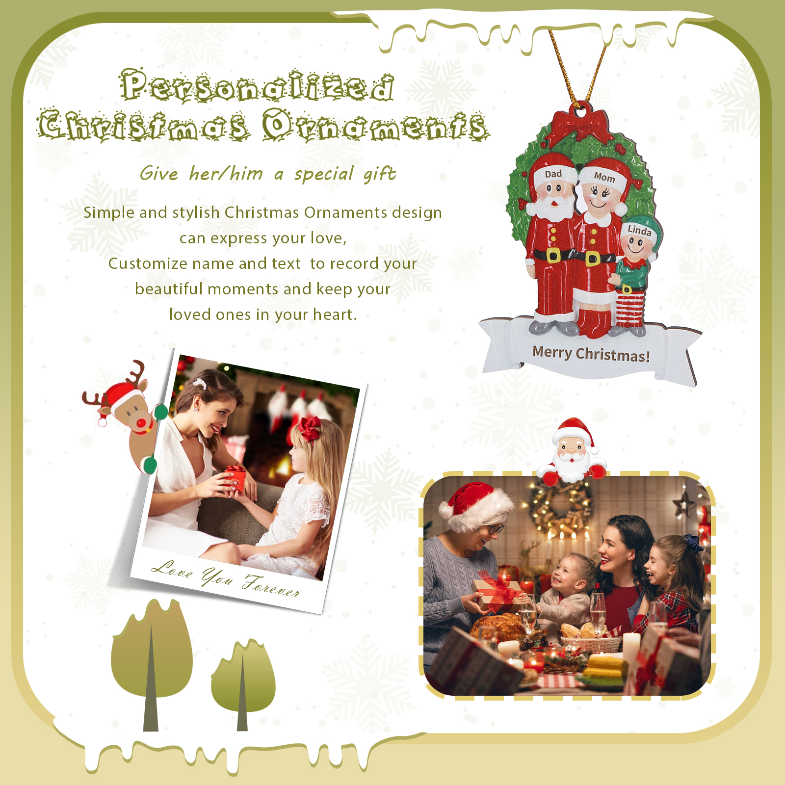 Personalised Family Wooden Christmas Ornament with Custom 3 Names Wreath Ornament-Jessemade AU