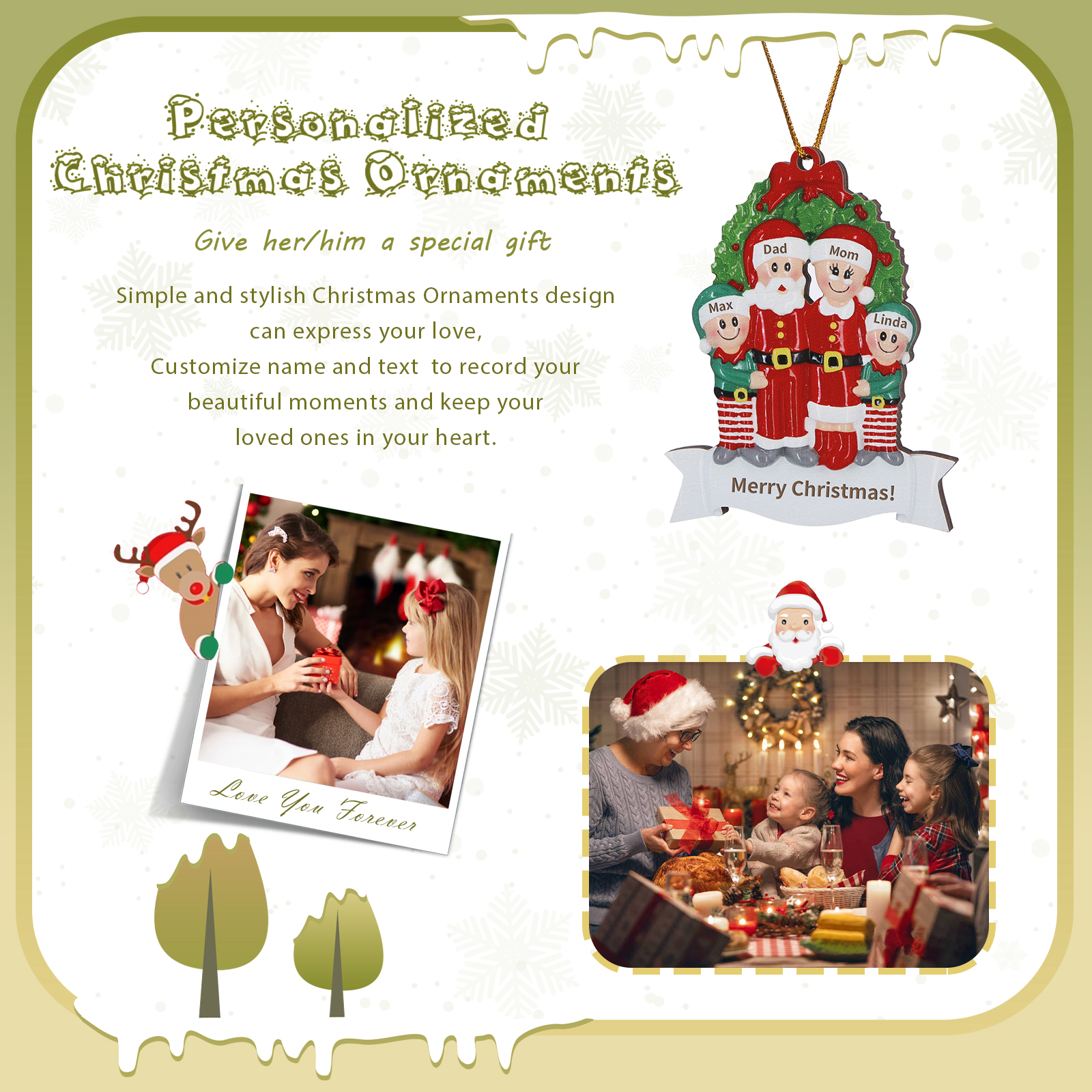 Personalised Family Wooden Christmas Ornament with Custom 4 Names Wreath Ornament-Jessemade AU