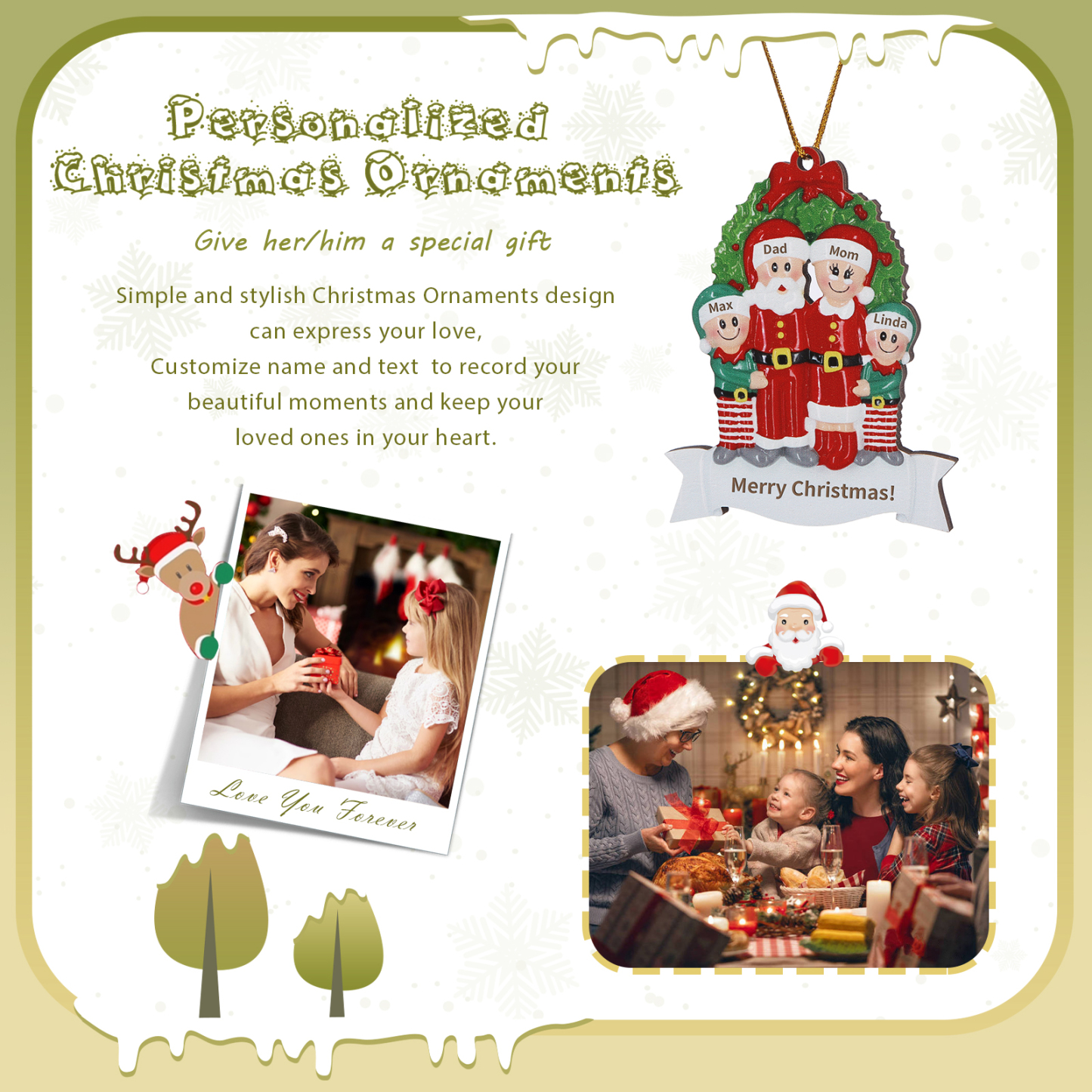 Personalised Family Wooden Christmas Ornament with Custom 4 Names Wreath Ornament-Jessemade AU