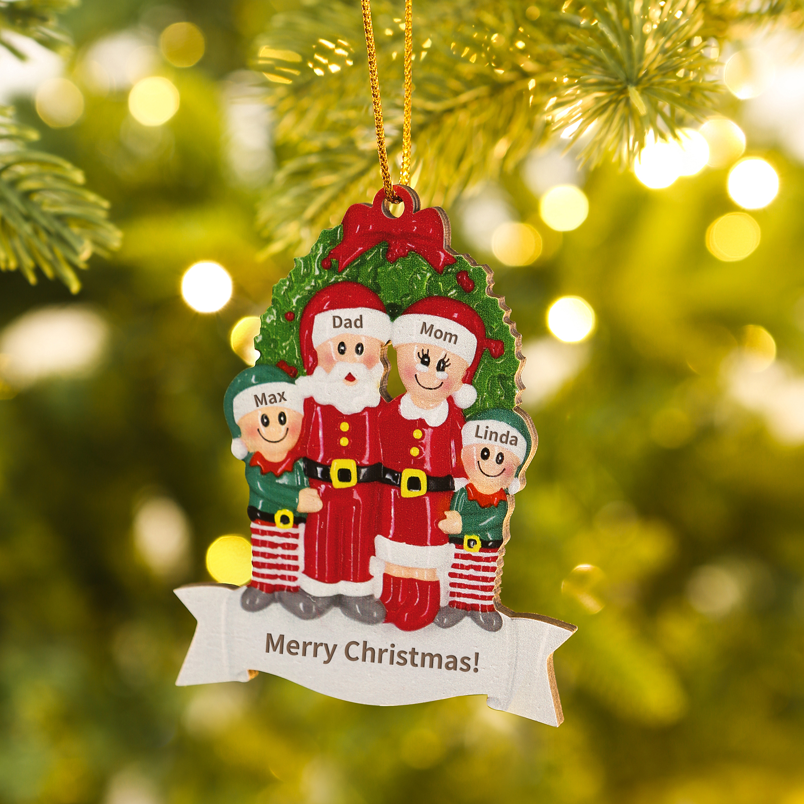 Personalised Family Wooden Christmas Ornament with Custom 4 Names Wreath Ornament-Jessemade AU
