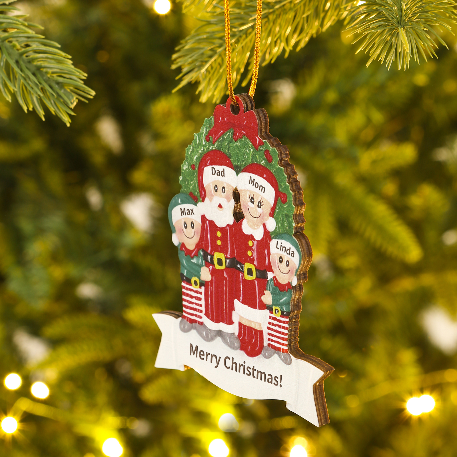 Personalised Family Wooden Christmas Ornament with Custom 4 Names Wreath Ornament-Jessemade AU