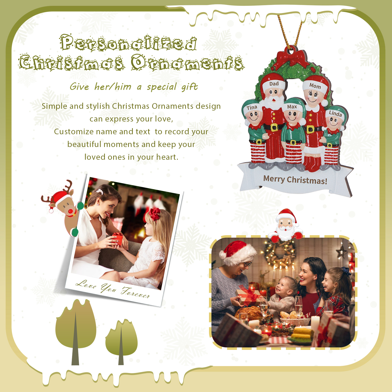 Personalised Family Wooden Christmas Ornament with Custom 5 Names Wreath Ornament-Jessemade AU