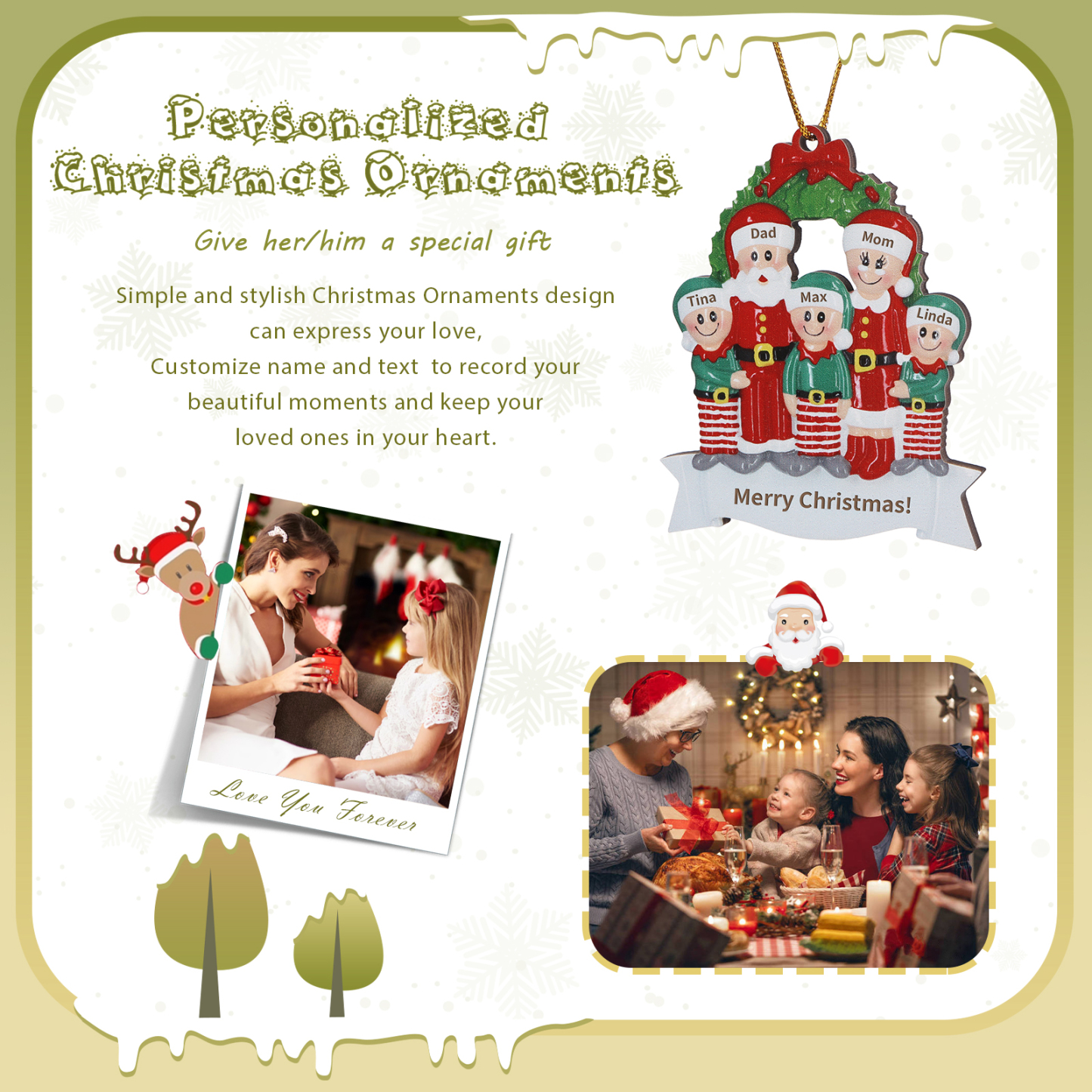 Personalised Family Wooden Christmas Ornament with Custom 5 Names Wreath Ornament-Jessemade AU