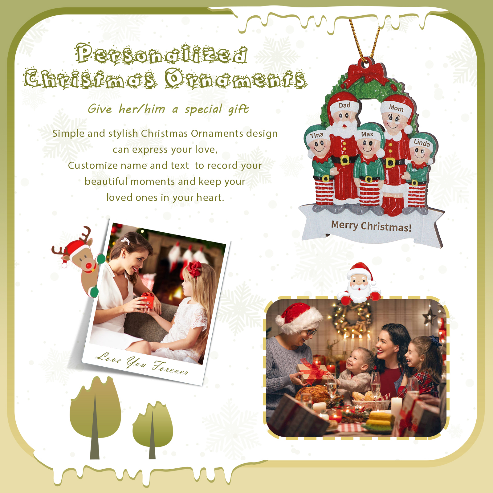 Personalised Family Wooden Christmas Ornament with Custom 5 Names Wreath Ornament-Jessemade AU