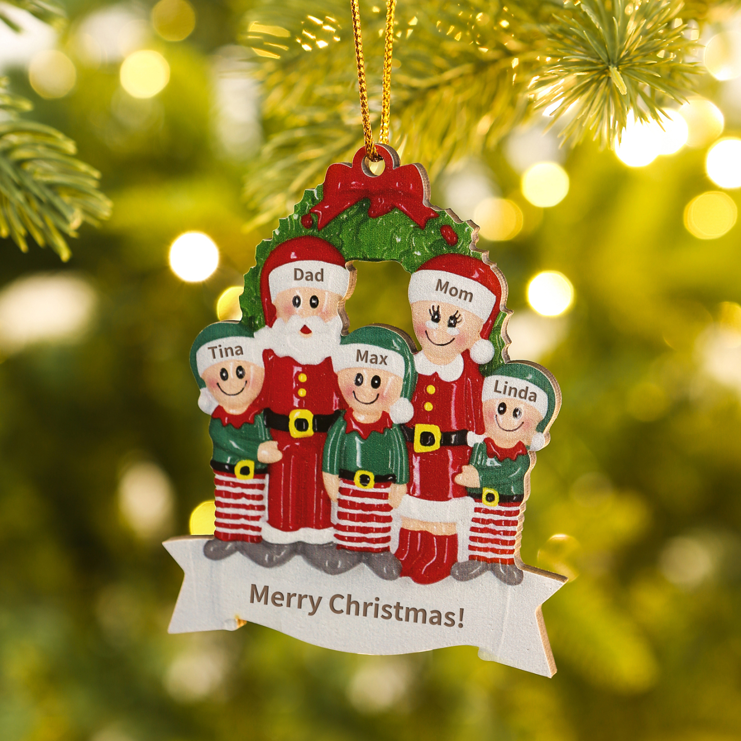 Personalised Family Wooden Christmas Ornament with Custom 5 Names Wreath Ornament-Jessemade AU