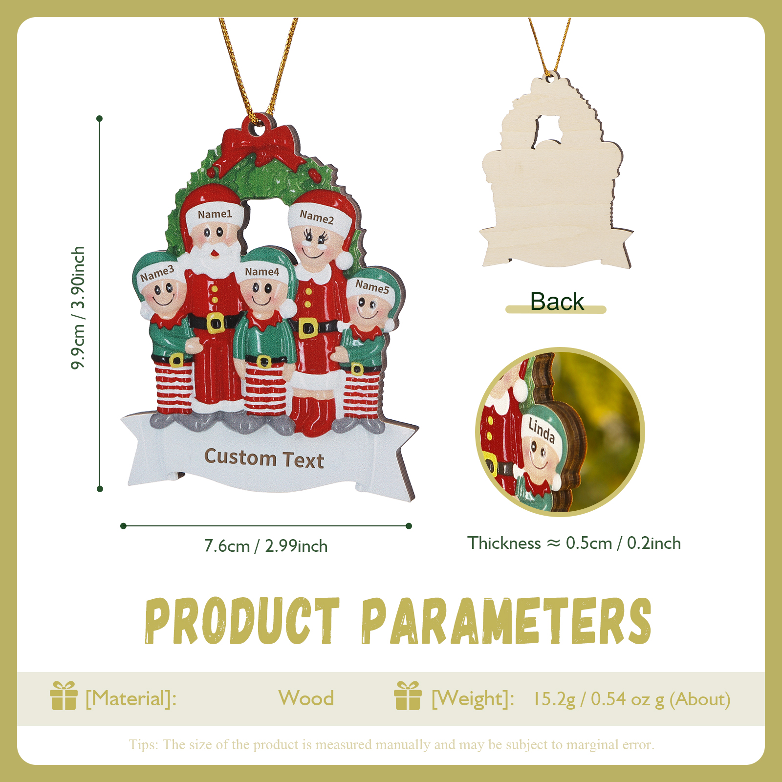 Personalised Family Wooden Christmas Ornament with Custom 5 Names Wreath Ornament-Jessemade AU