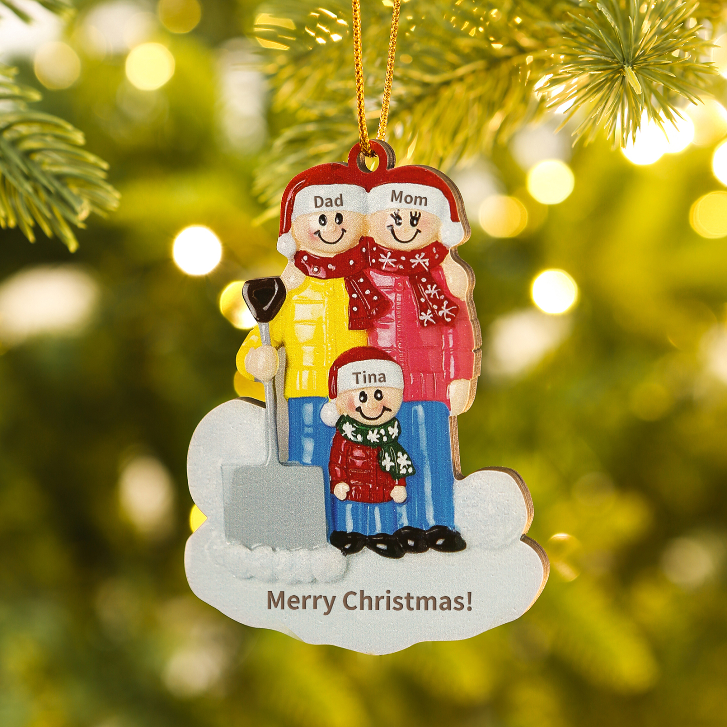 Snow Shoveling Family Personalised Wooden Christmas Ornament with Custom 3 Names-Jessemade AU