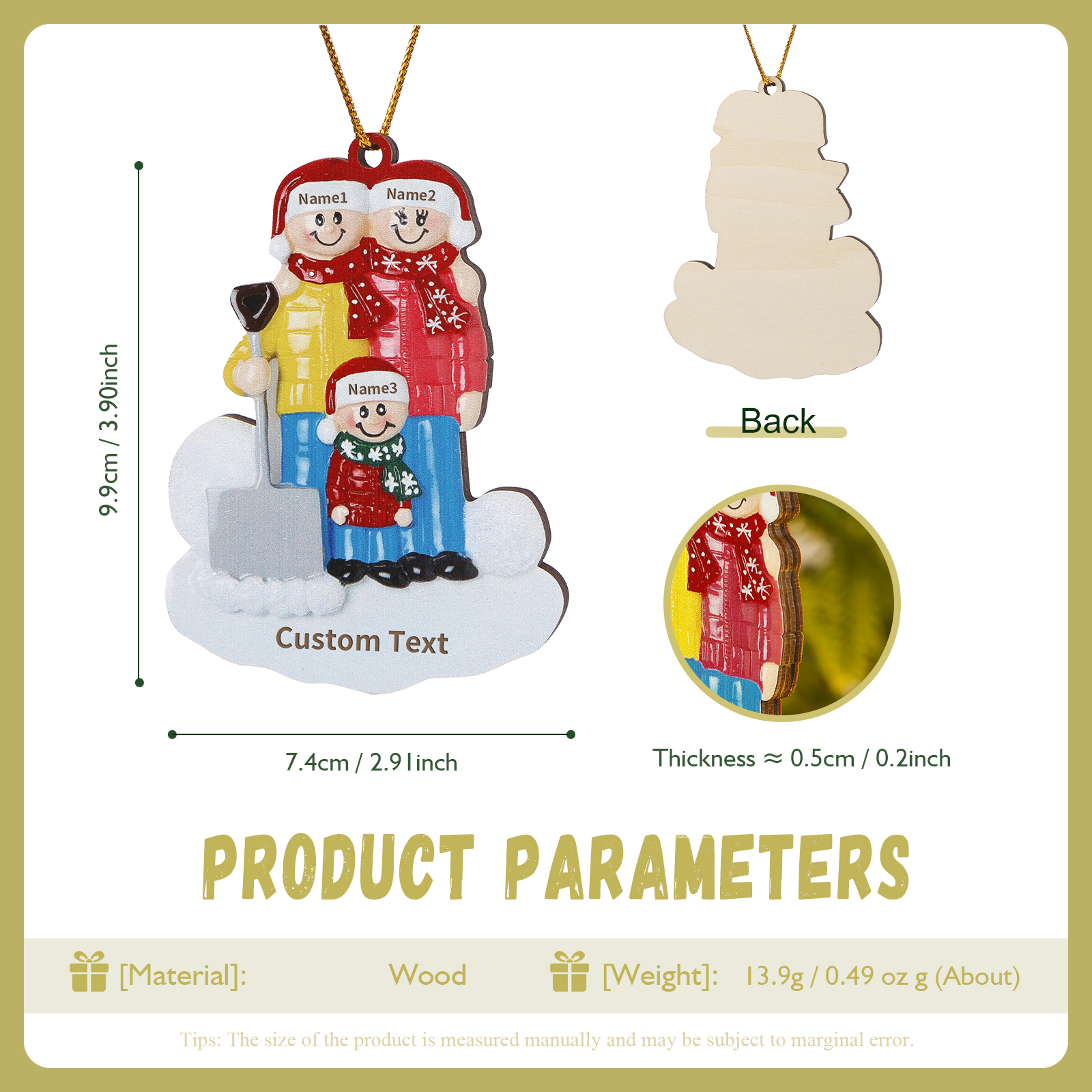 Snow Shoveling Family Personalised Wooden Christmas Ornament with Custom 3 Names-Jessemade AU