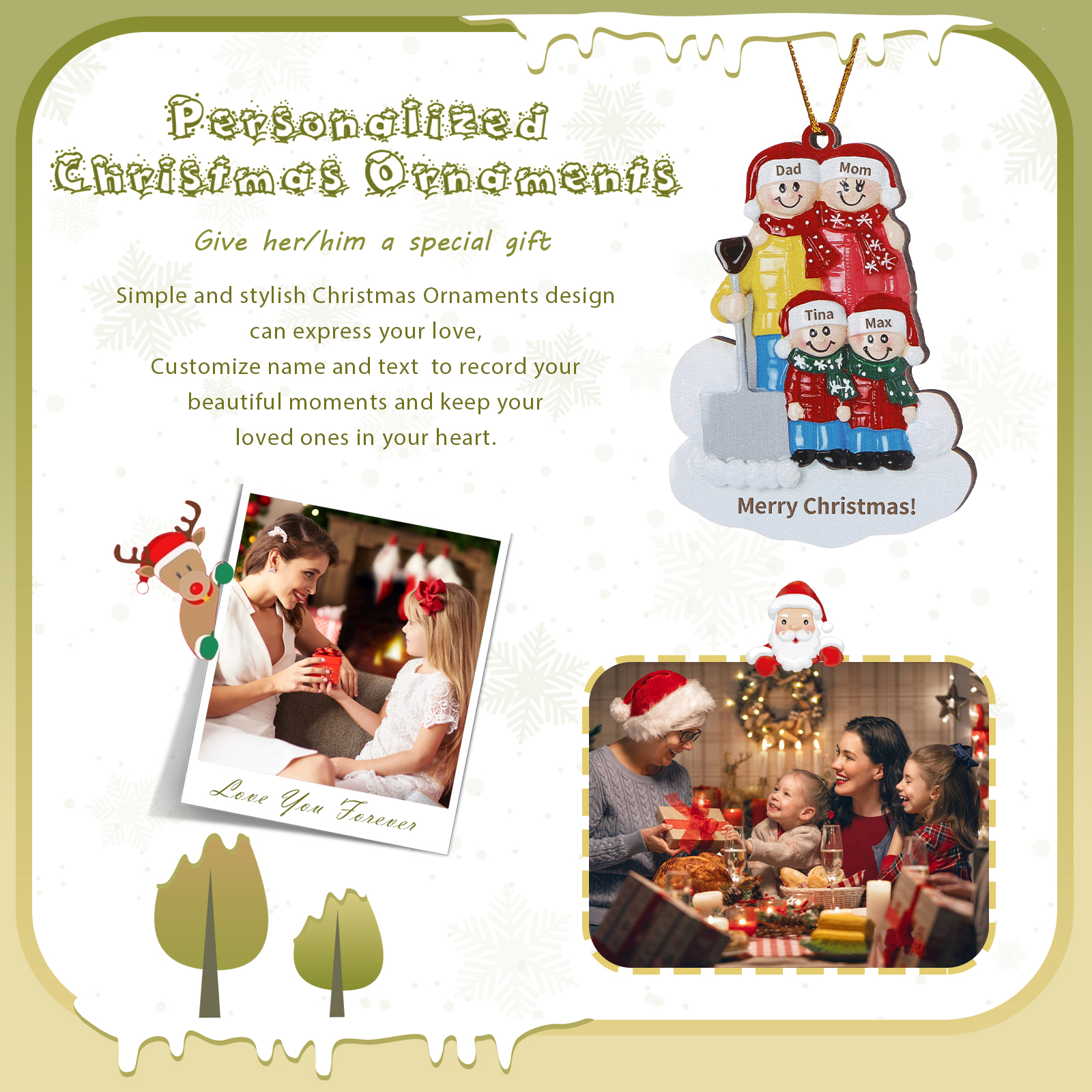 Snow Shoveling Family Personalised Wooden Christmas Ornament with Custom 4 Names-Jessemade AU