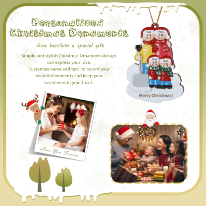 Snow Shoveling Family Personalised Wooden Christmas Ornament with Custom 4 Names-Jessemade AU