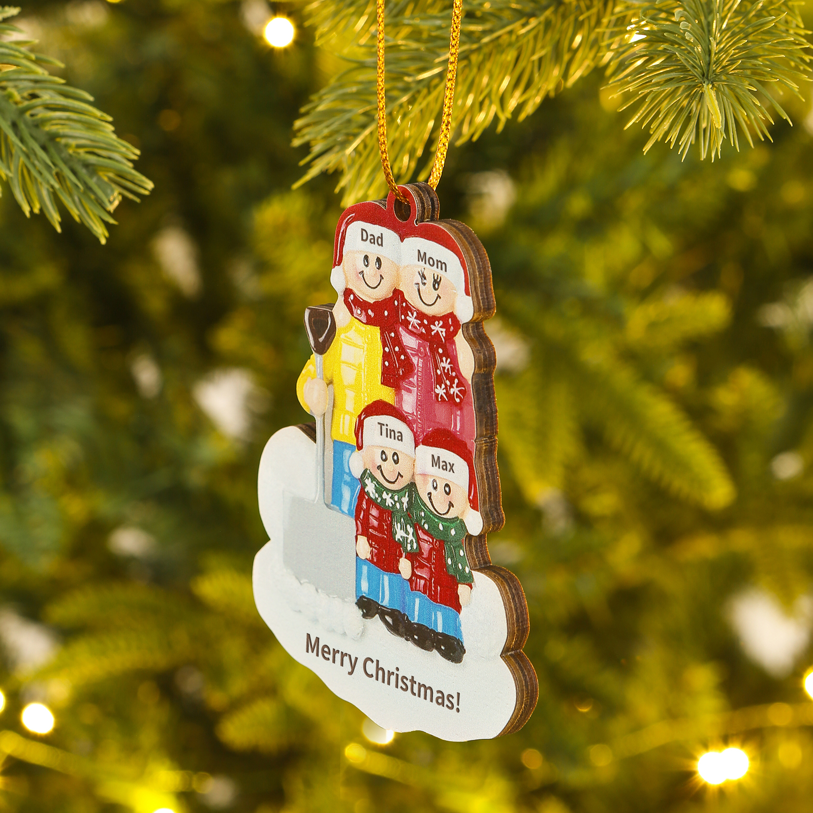 Snow Shoveling Family Personalised Wooden Christmas Ornament with Custom 4 Names-Jessemade AU