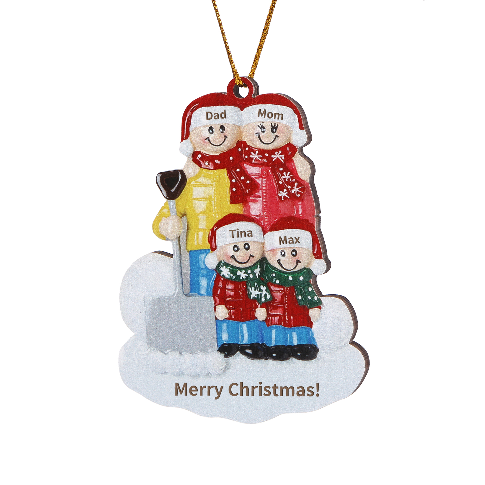 Snow Shoveling Family Personalised Wooden Christmas Ornament with Custom 4 Names-Jessemade AU