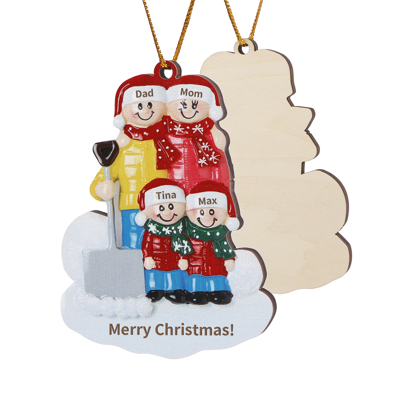 Snow Shoveling Family Personalised Wooden Christmas Ornament with Custom 4 Names-Jessemade AU