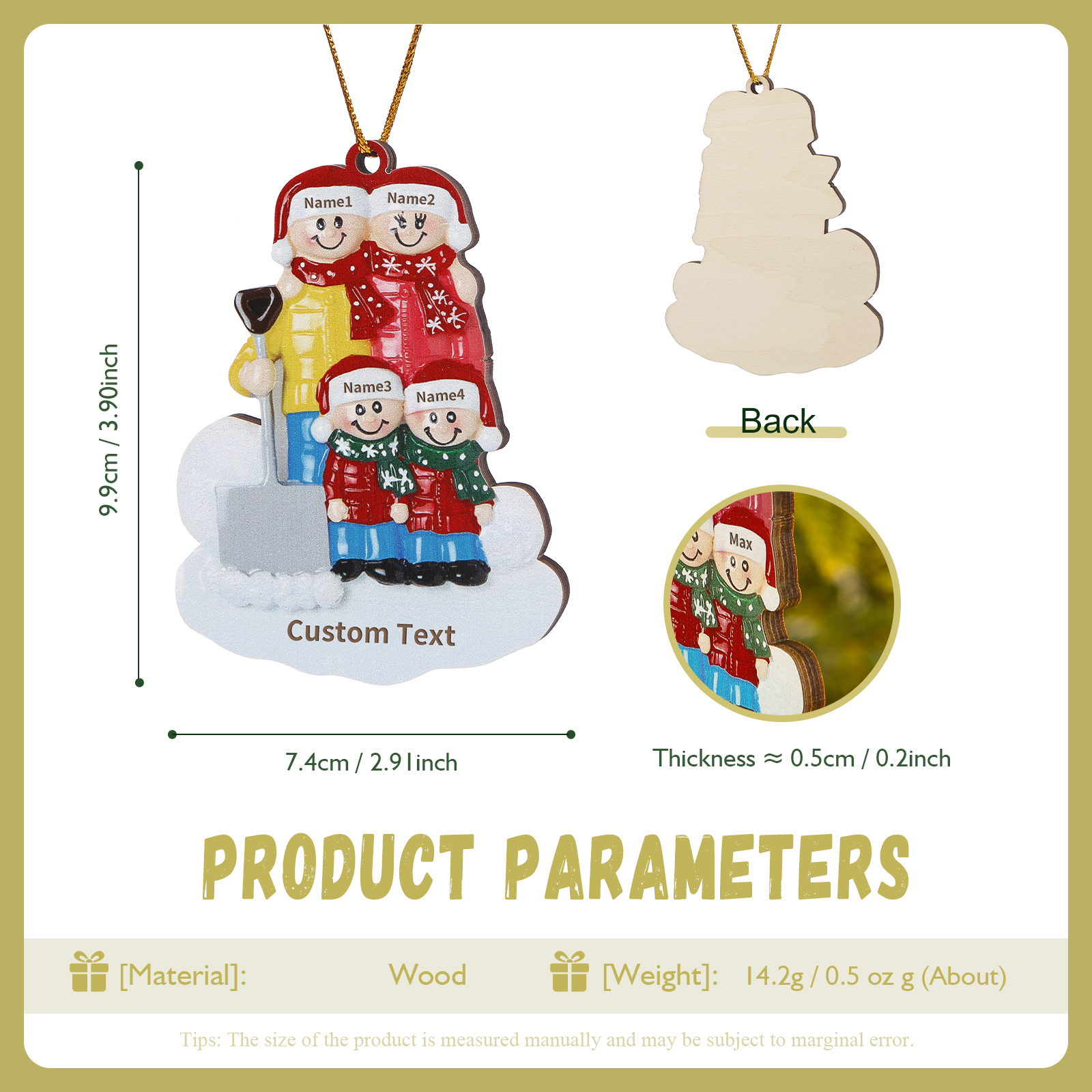 Snow Shoveling Family Personalised Wooden Christmas Ornament with Custom 4 Names-Jessemade AU