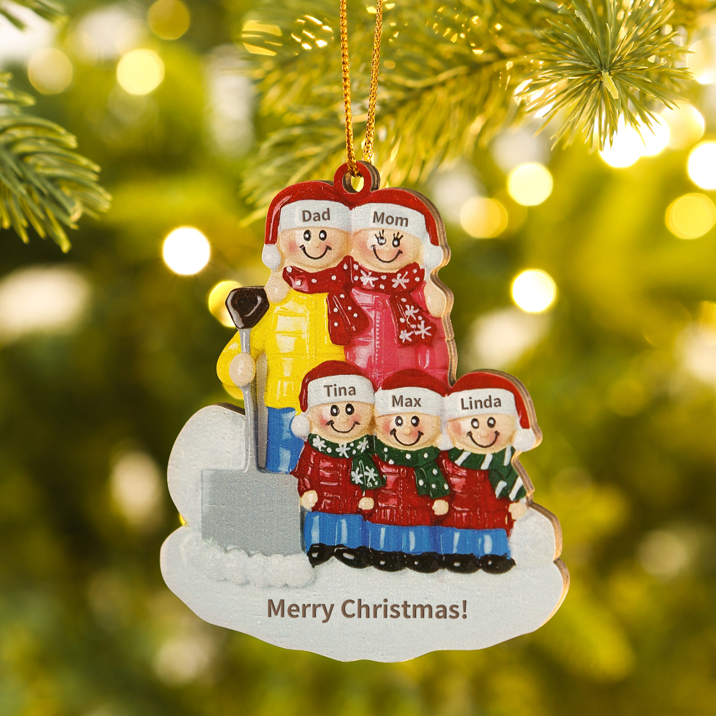Snow Shoveling Family Personalised Wooden Christmas Ornament with Custom 5 Names-Jessemade AU