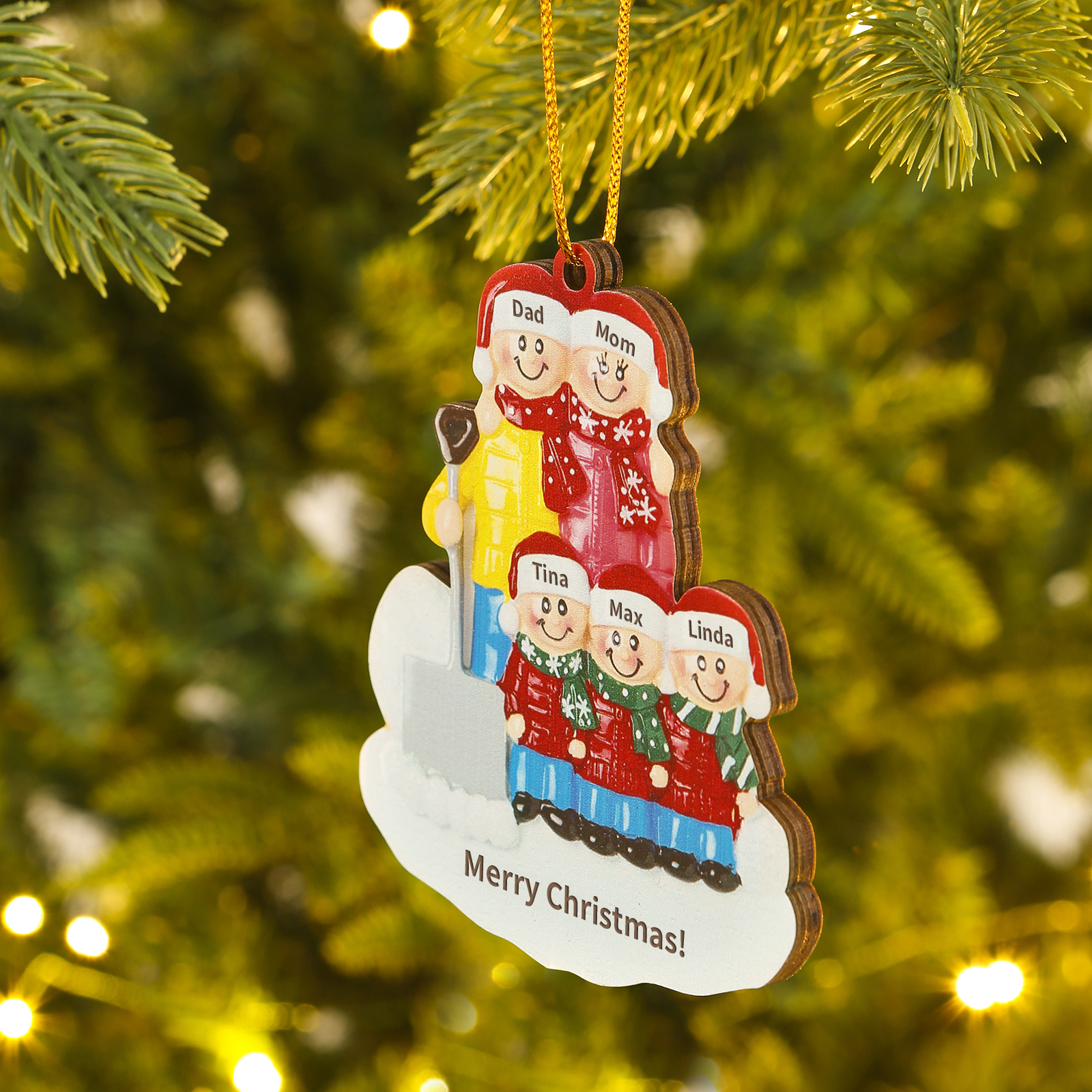 Snow Shoveling Family Personalised Wooden Christmas Ornament with Custom 5 Names-Jessemade AU