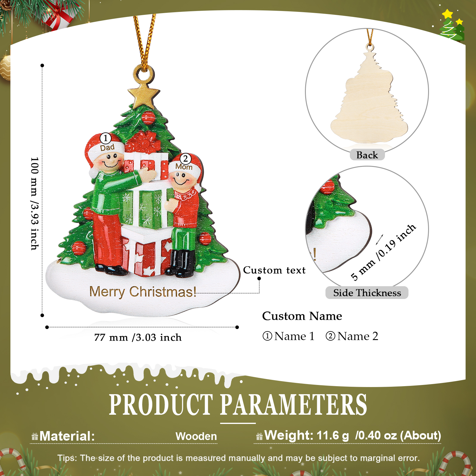 Personalised Christmas Tree with Presents Family Ornament Custom 2 Names Wood Ornament-Jessemade AU