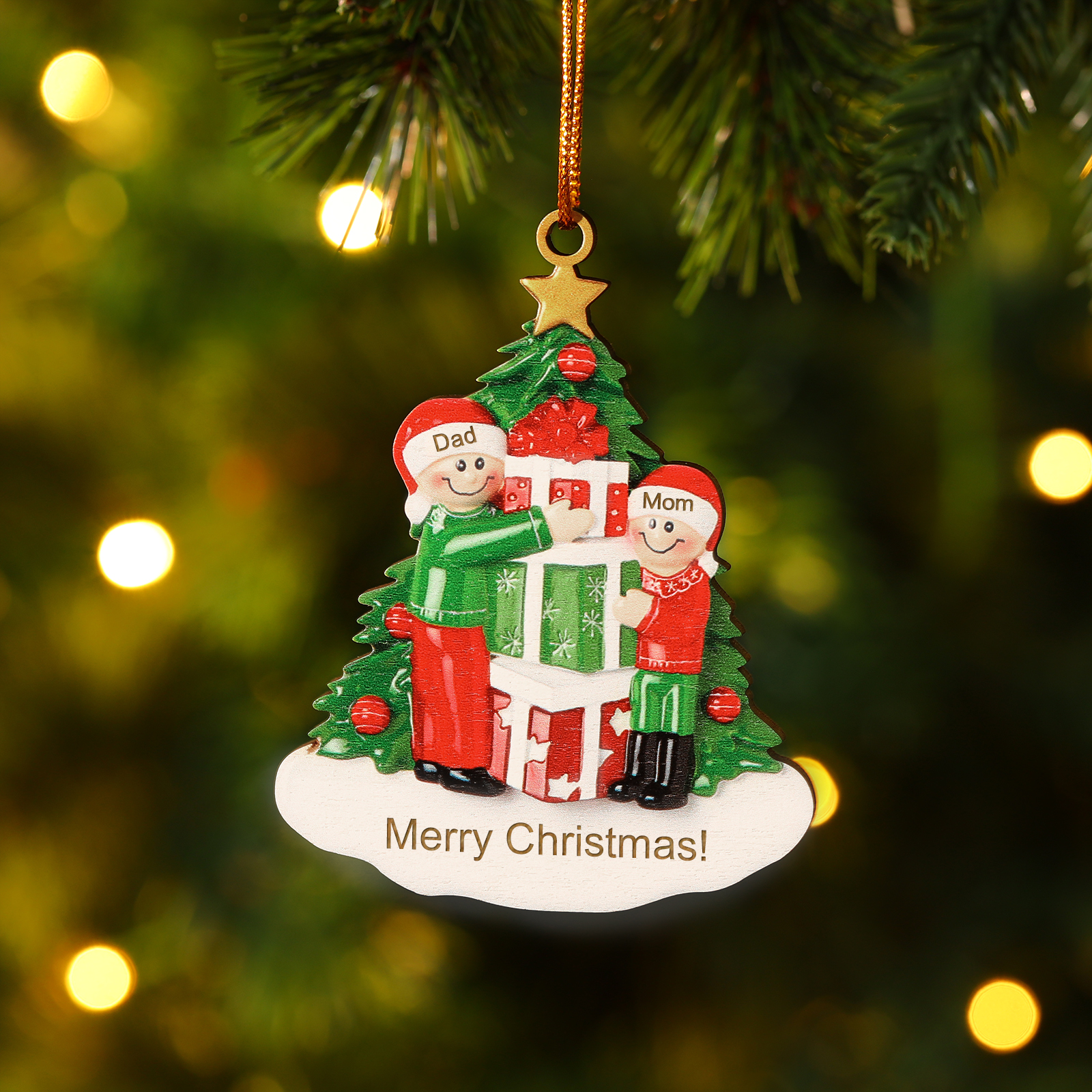Personalised Christmas Tree with Presents Family Ornament Custom 2 Names Wood Ornament