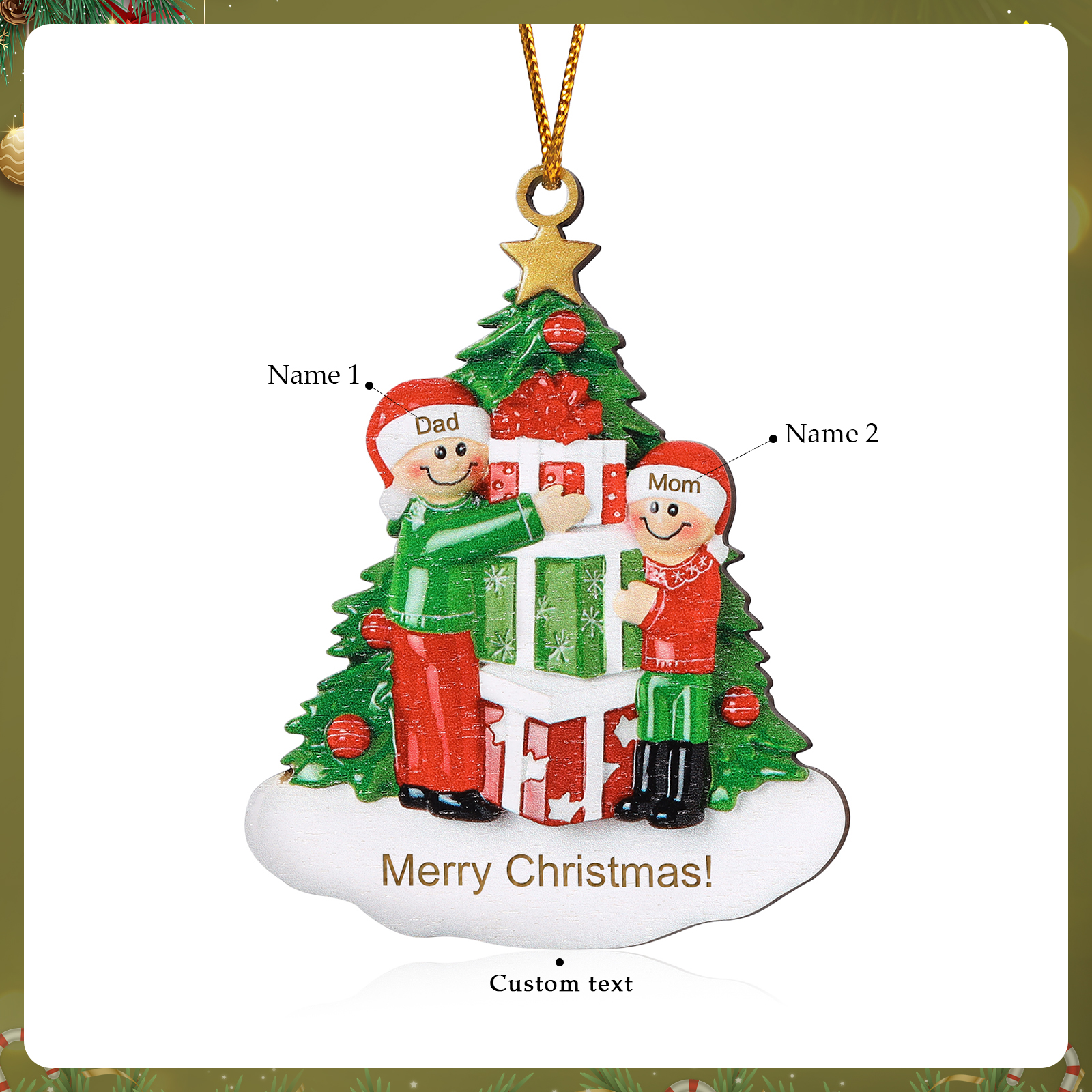Personalised Christmas Tree with Presents Family Ornament Custom 2 Names Wood Ornament