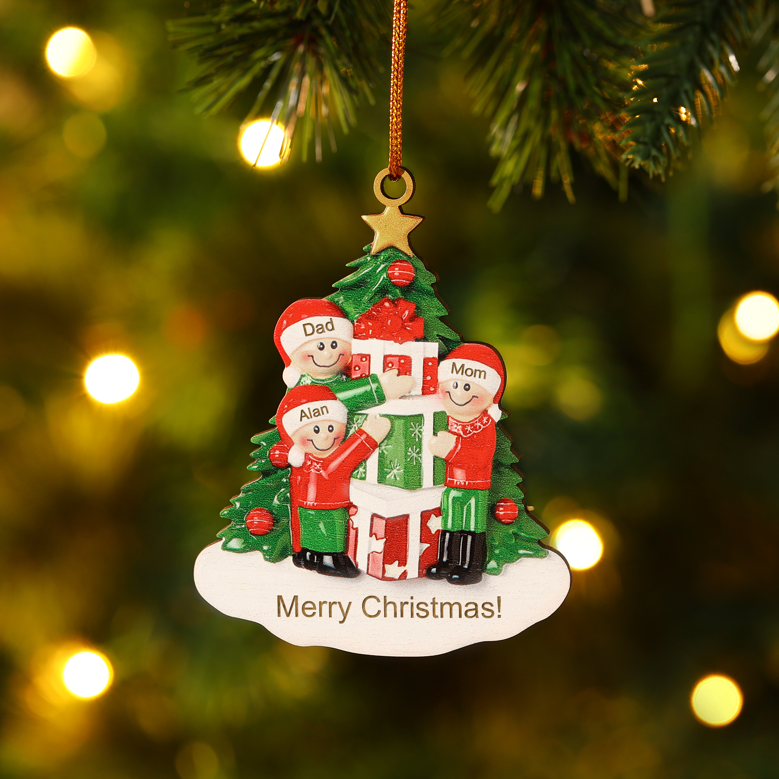Personalised Christmas Tree with Presents Family Ornament Custom 3 Names Wood Ornament