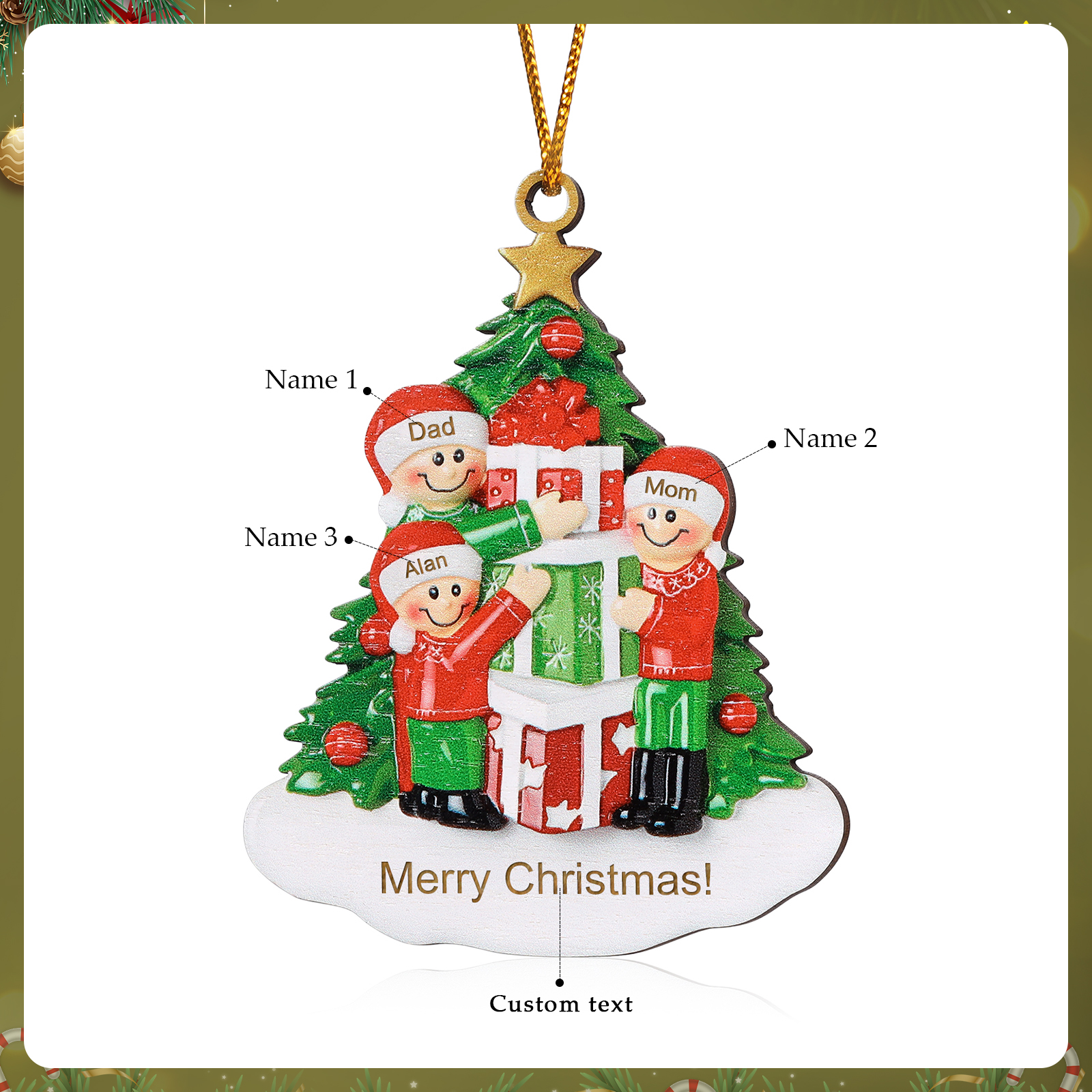 Personalised Christmas Tree with Presents Family Ornament Custom 3 Names Wood Ornament