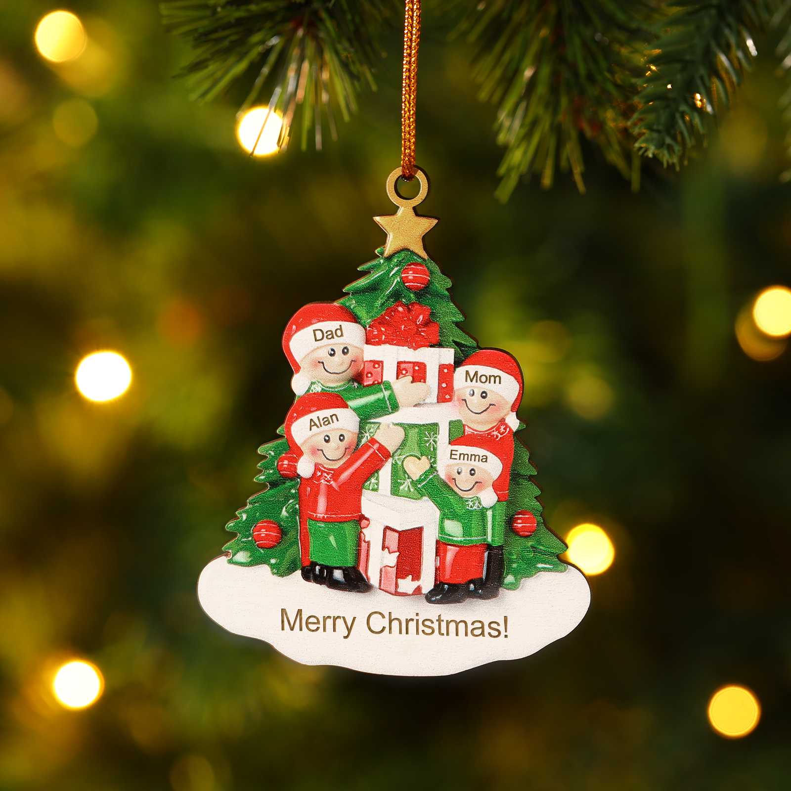 Personalised Christmas Tree with Presents Family Ornament Custom 4 Names Wood Ornament