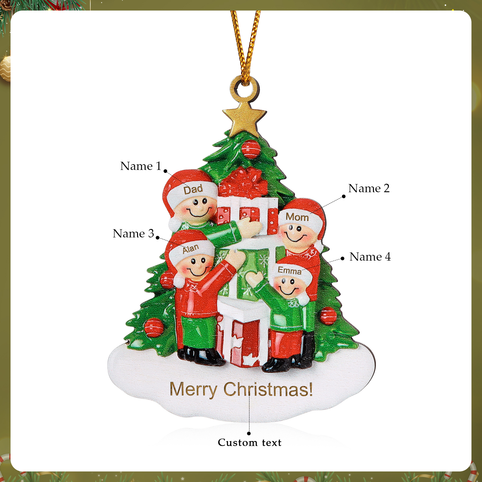 Personalised Christmas Tree with Presents Family Ornament Custom 4 Names Wood Ornament