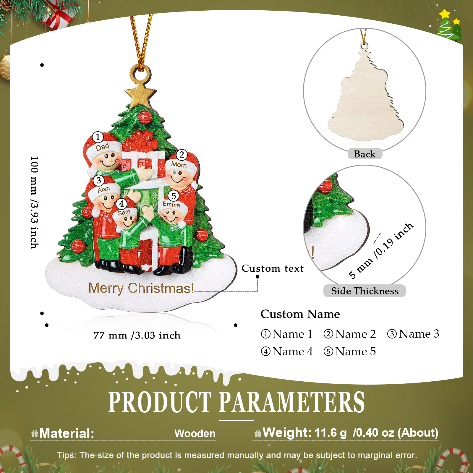 Personalised Christmas Tree with Presents Family Ornament Custom 5 Names Wood Ornament-Jessemade AU