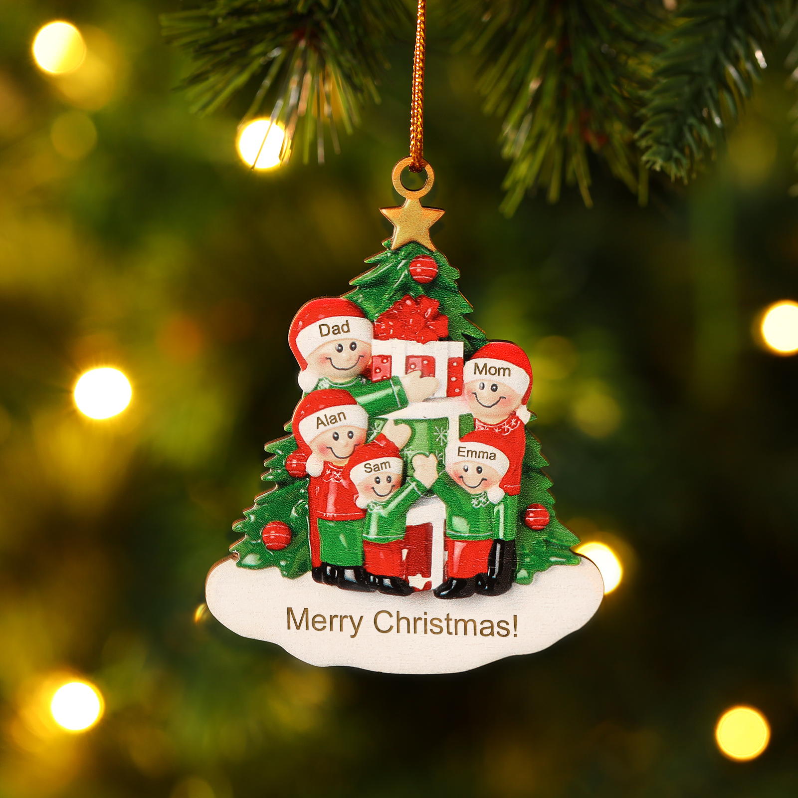 Personalised Christmas Tree with Presents Family Ornament Custom 5 Names Wood Ornament