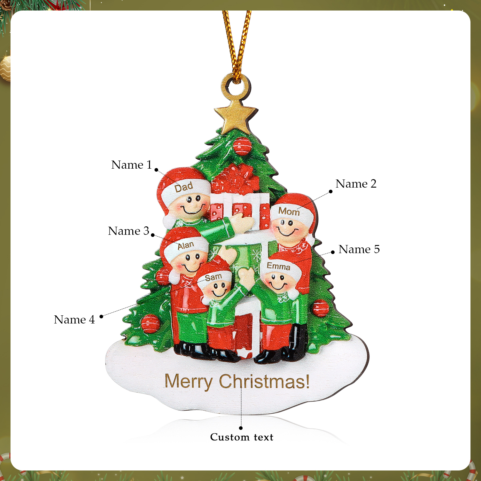 Personalised Christmas Tree with Presents Family Ornament Custom 5 Names Wood Ornament